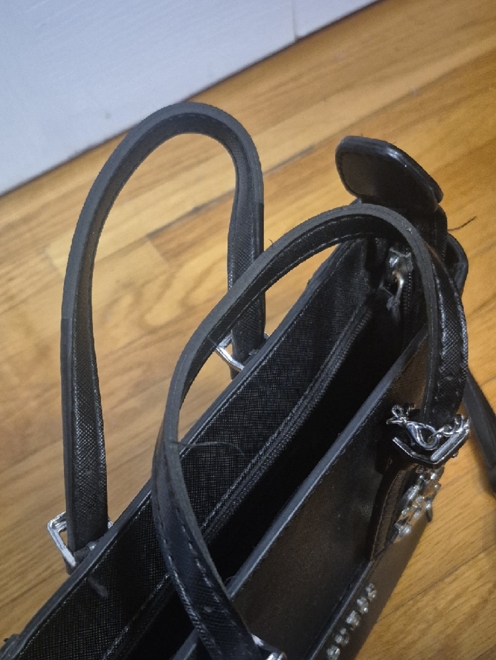 Guess Black Mini Crossbody Tote with Silver Charm - Picture 4 of 8